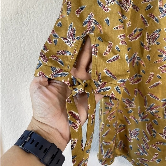 Mustard Yellow Feather Pattern Mock Ditsy Floral Neck Tie Sleeve Blouse Shirt - Picture 3 of 8